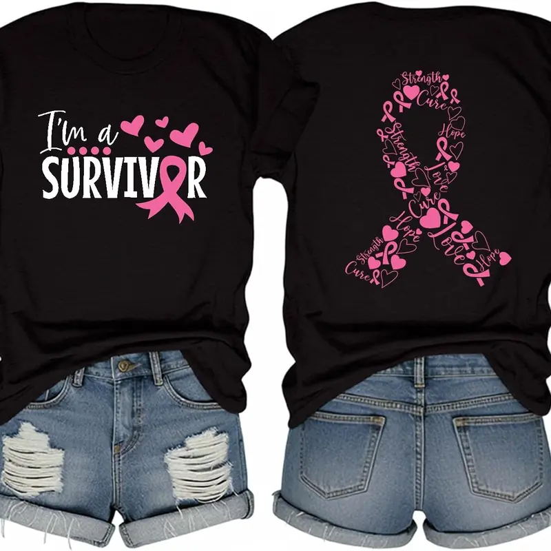 Women's Lightweight Cotton Short-Sleeve Tshirt - Pink Ribbon & Heart Detail, Classic Crew Neck, Relaxed Fit, Breast Cancer Awareness Apparel, Women's Clothes, Casual Top