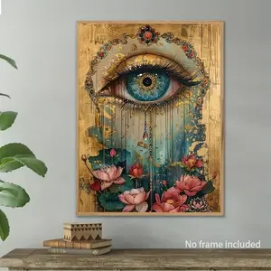 Canvas Art – Vibrant Blue Eye with Intricate Golden Accents, Wooden Framed Wall Decor for Living Room, Bedroom, or Office, Office Artwork | Floral Canvas Art | Artistic Design, for Lotus Flower Decor, Perfect for Room Decor Ornaments Decoration