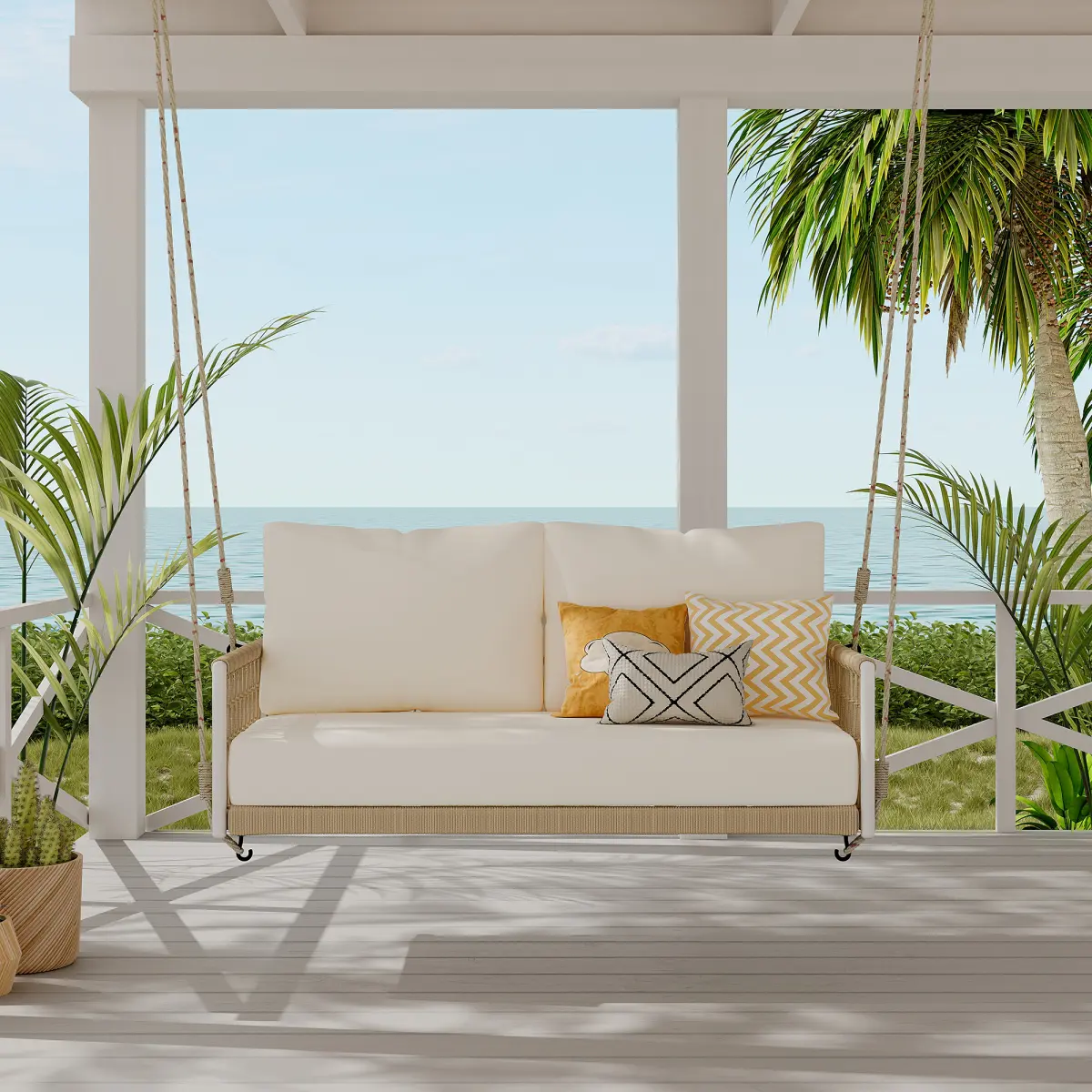  [Bellemave] Woven Rope Outdoor Swing Sofa with Soft Cushions Seating 2 for Patio, Courtyard and Balcony