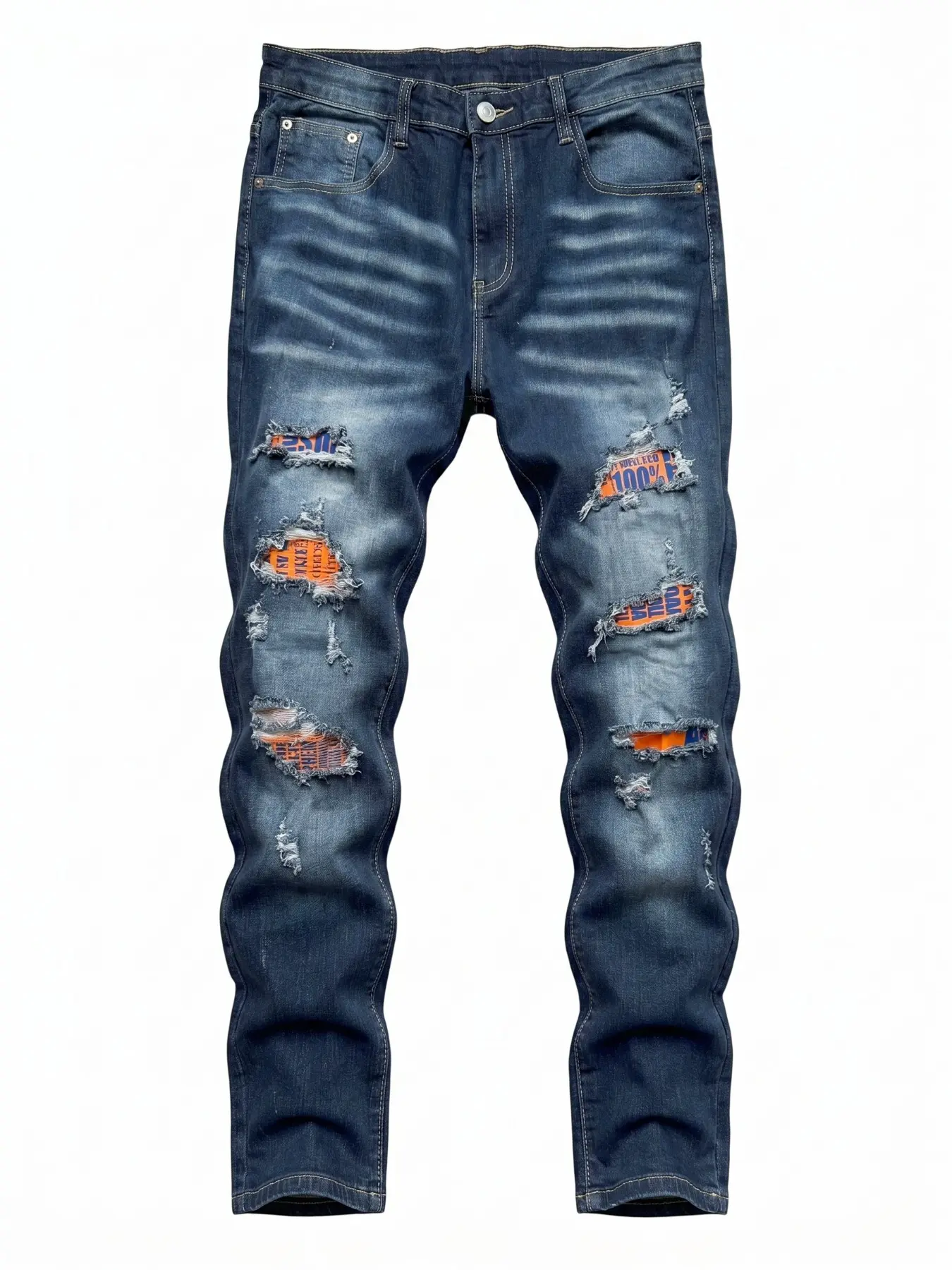 Men's Distressed Patchwork Jeans, Slim Fit Ripped Denim Jeans, Streetwear Hip Hop Classic Dark Blue Washed Jeans with Lining, Pants, Menswear, Fitted Jeans Pants