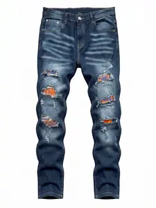 Men's Distressed Patchwork Jeans, Slim Fit Ripped Denim Jeans, Streetwear Hip Hop Dark Blue Washed Jeans with Lining