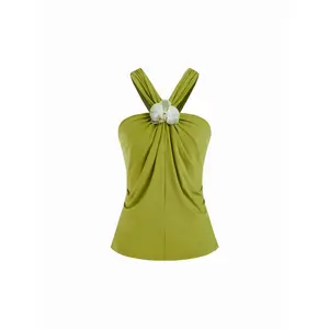 Cider Halter Neckline Floral Applique Ruched Criss Cross Top SwimWeek
