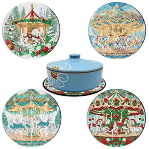 4-Piece Creative Rotating Horse Diamond Painting Placemat Set, DIY Full Round Rhinestone Art, Multi-Functional Wooden Table Mats, Home Kitchen Decor