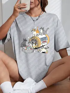 Women's Cartoon Cat & Can Print Drop Shoulder Tee, Cute Casual Fit Short Sleeve Round Neck T-Shirt for Daily Wear, Everyday, Streetwear, Ladies Clothes for All Seasons, Womenswear