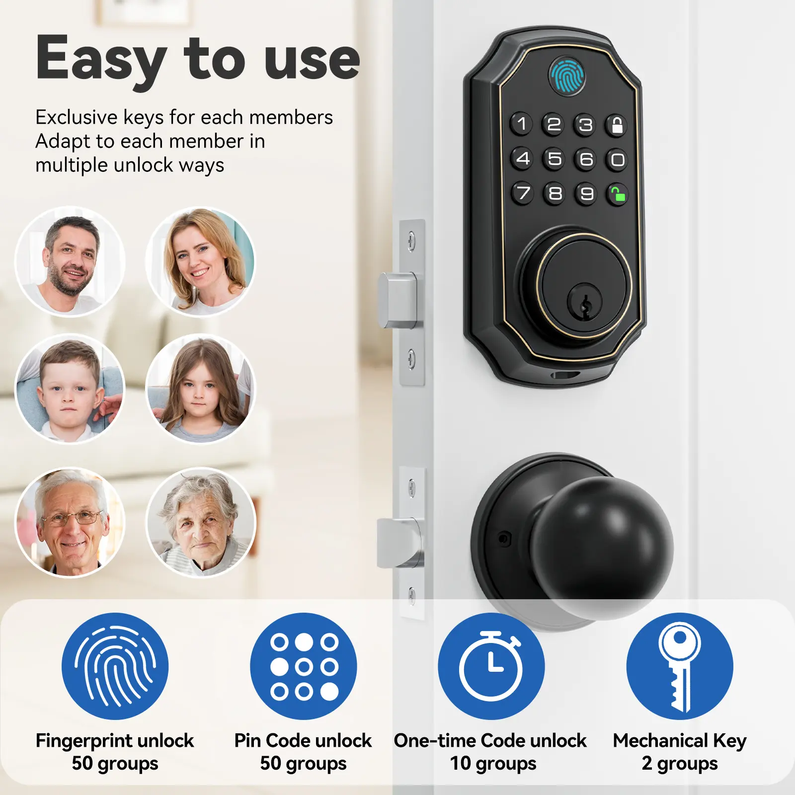 Fingerprint Smart Lock with handle for Front Door, Keyless Entry Deadbolt Lock with knob, 50*Fingerprints-50*PIN codes- 10*One time codes-2 Keys, Human Voice Guide, Backlit Keypad, Auto Lock Enable or Disable, Long Battery Life, Easy to Install