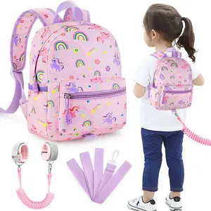 KF5-LWL16   Toddler Backpack Leash, Cute Unicorn Baby Backpacks with Anti Lost Wrist Link, Mini Kids Backpack Leash Walking Harness for Outdoor Travel, Small Backpack Tether for Boys Girls 1-3 (Pink)