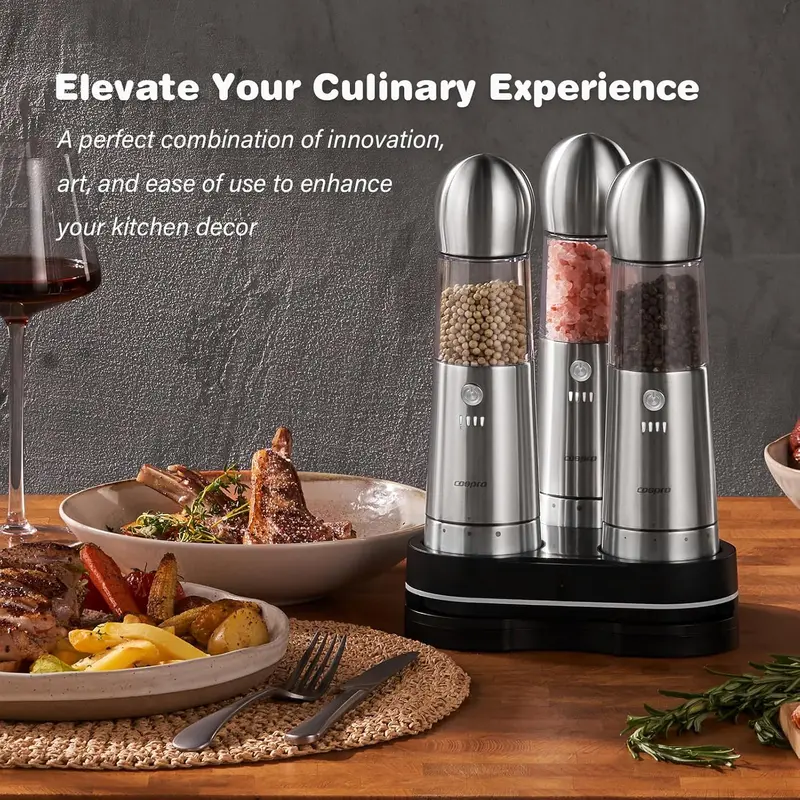 [Large Capacity and Stainless-Steel ]  Electric Salt and Pepper Grinder Set of 3 with Wireless Charging,Stainless-Steel ,3.2oz Larger Rechargeable Automatic, One Hand Button Use, Adjustable Coarseness, Easy Clean, parents Gift