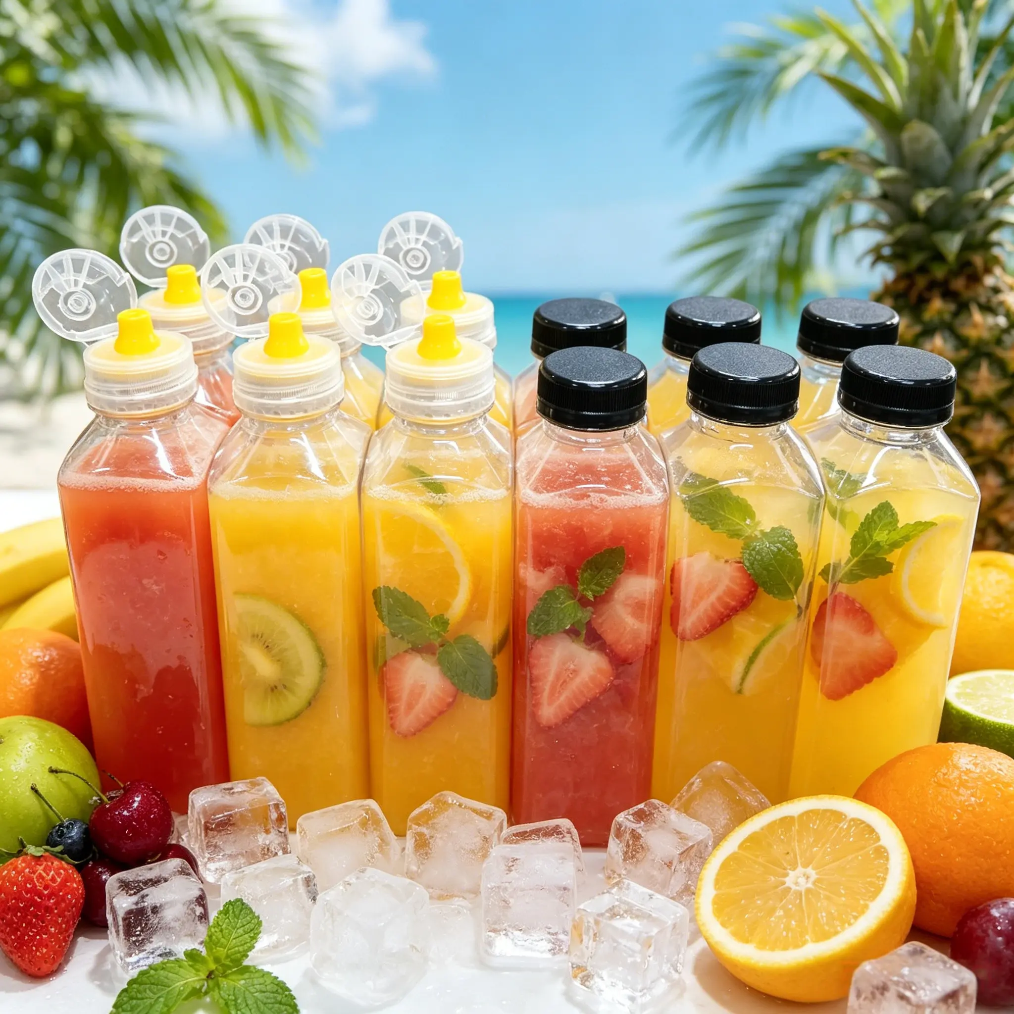 12-Pack 16oz BPA-Free Refillable Square Plastic Juice Storage Bottles Set with Leakproof Lids, Transparent Flexible Squeeze Tube, Silicone Spout, Dual Canister Brush for Juicing, Homemade Drinks
