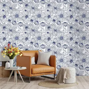 Blue Hand-Drawn Floral Wallpaper, PVC Adhesive Back, Easy Peel & Stick, Kitchen/living Room/bedroom Decor, Large Area Wall Transformation