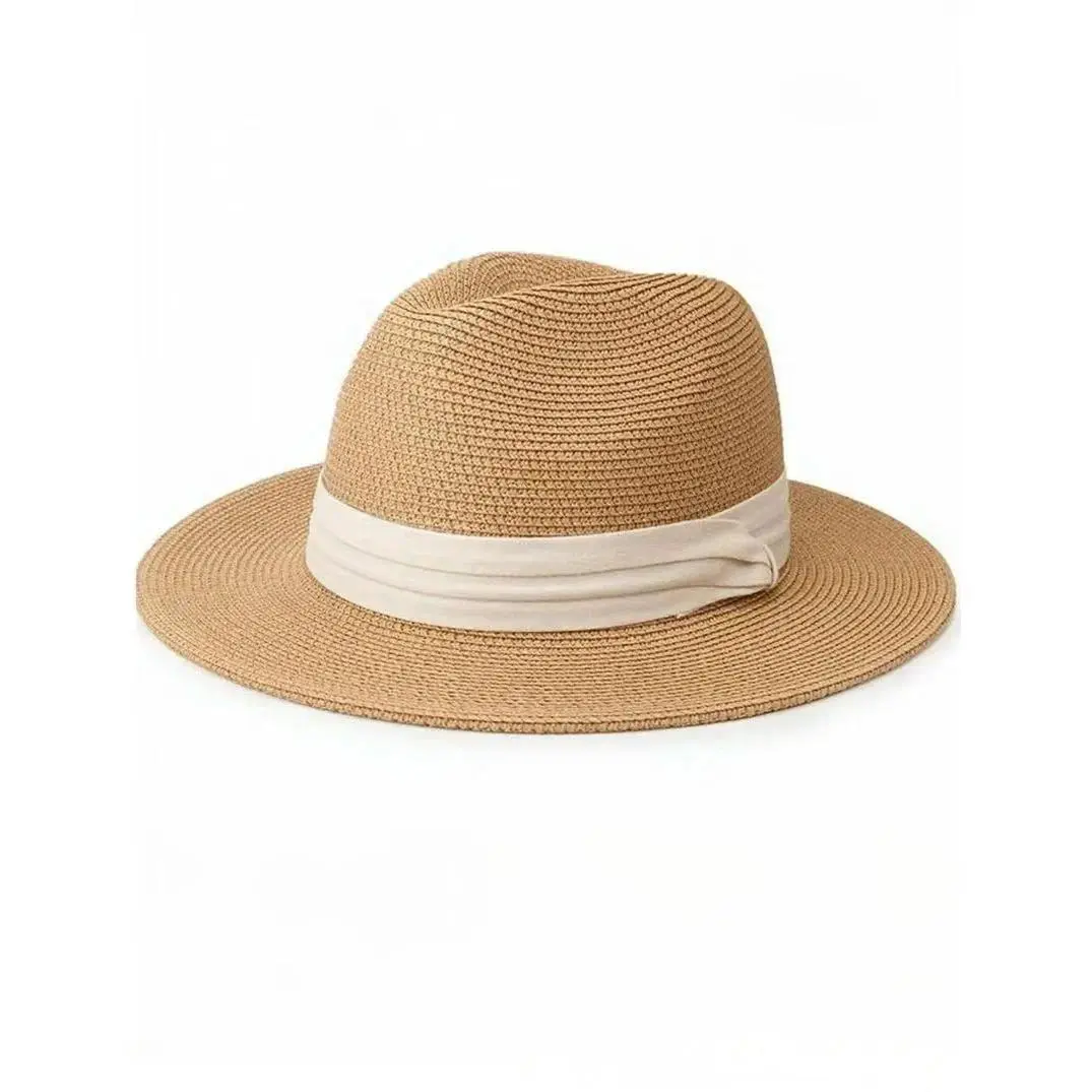 Khaki hat with beige ribbon