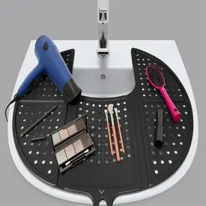 Sink Topper Foldable Cover - Silicone Brush Cleaning Mat Organizer - Bathroom Counter Space Saver - Travel Must Have - Ideal for RV - Large, Black