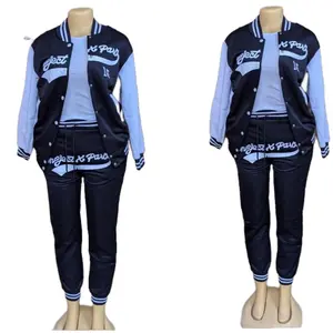 3pies Women's Pants and Jacket Set - Navy Blue with Light Blue Accents and "West" Text Design