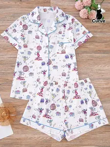 2pcs Plus Size Women’s Pajama Set, Funny Monkey Print Short Sleeve Collared  Elastic Waist Shorts, Comfy Sleepwear & Loungewear UDLK