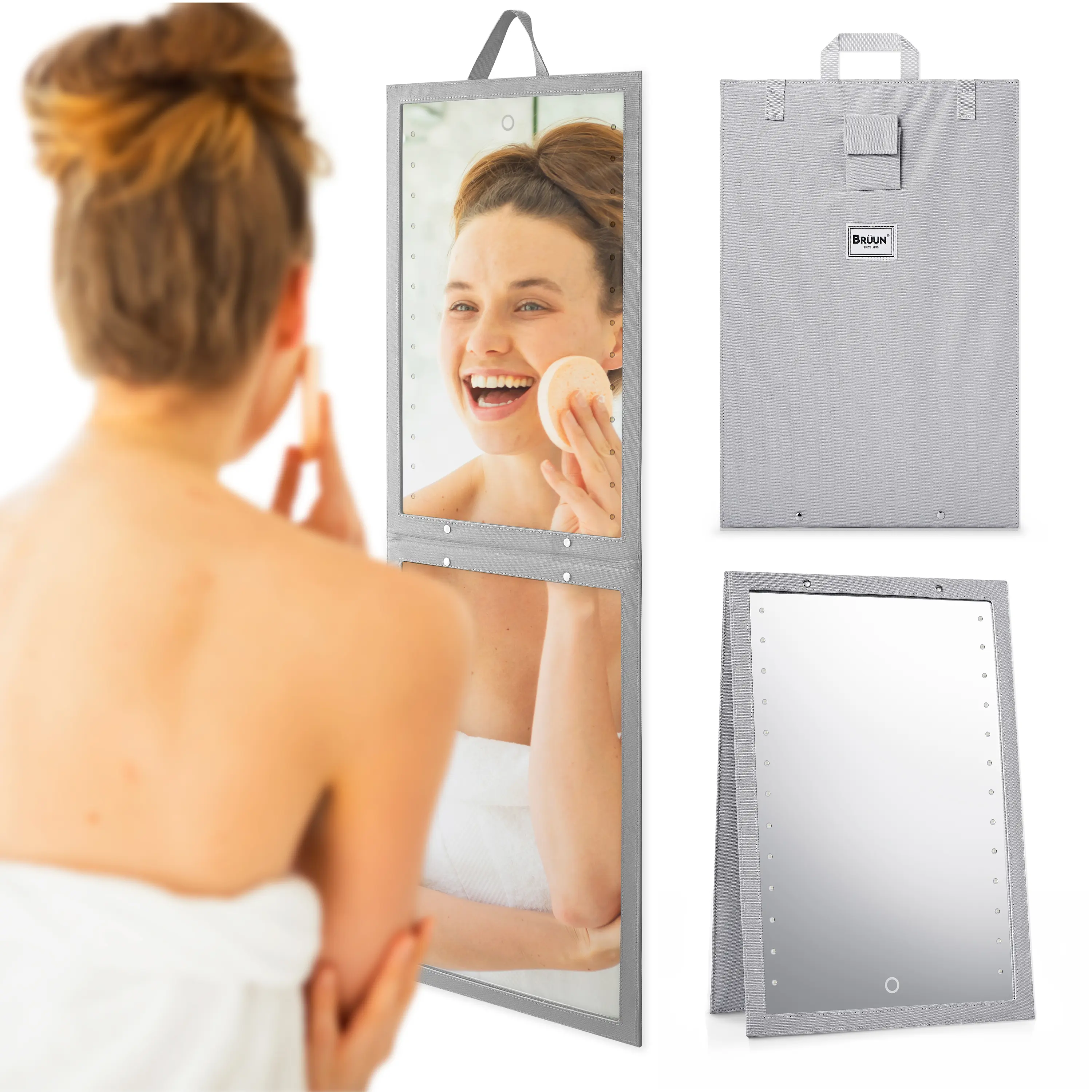 BRUUN Foldable Mirror with Dimmable LED Light for Luminous View – A (13.6 x 43.5 Inches) Grey Hangable Backstage Mirror with Touch Control Power Button for Dancers and Artists at Home, Spa or Event