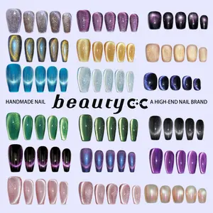 Hand made nails CAT EYE Popular in 2024 French tip ,Nail glitters ,Nail gems,almond,coffin,stiletto