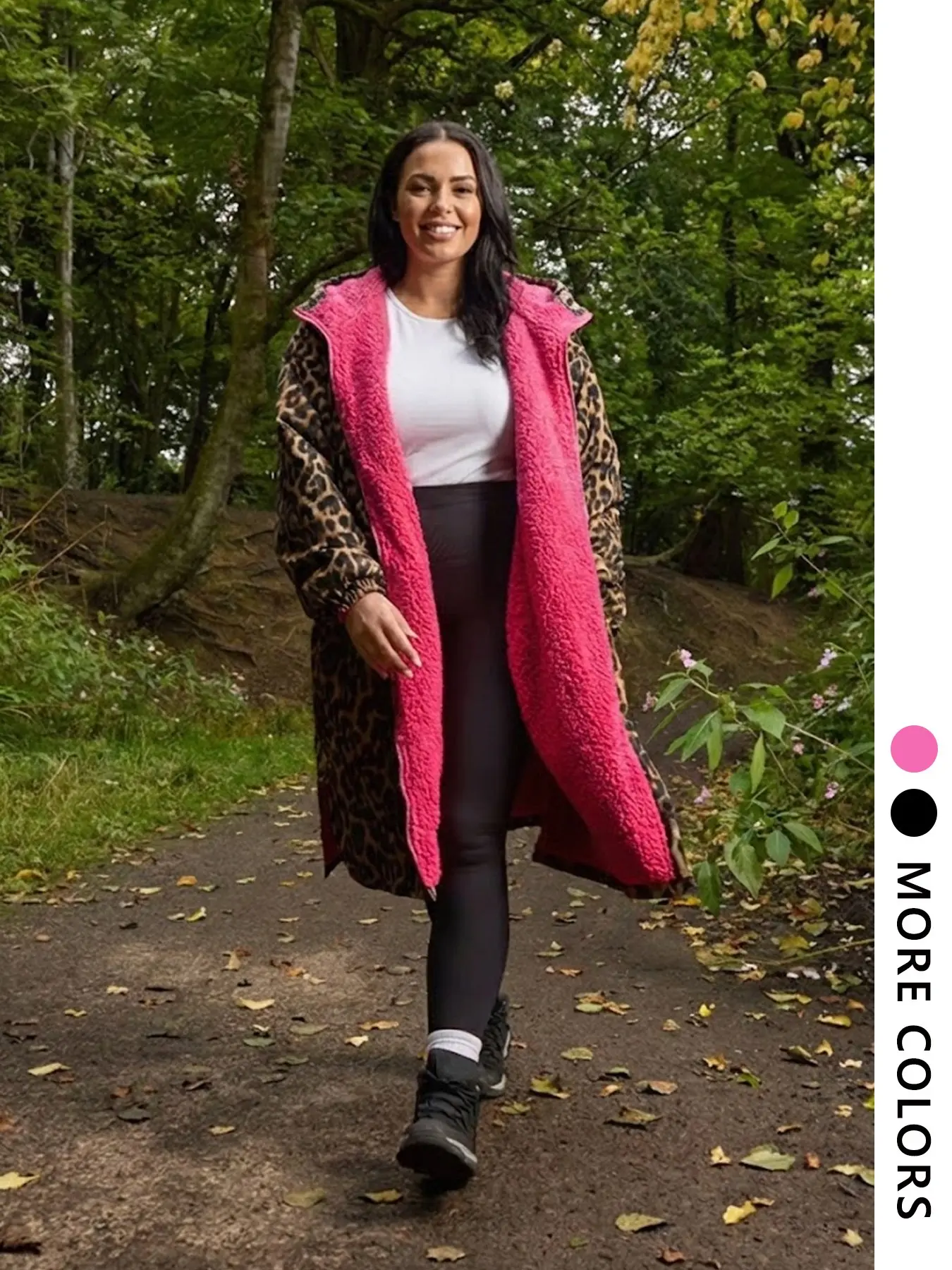 Women's Leopard Print Hooded Long Sleeve Jacket, Loose Long Windproof Coat, Fleece Lined Zipper Outerwear, Casual Outdoor Party Jacket