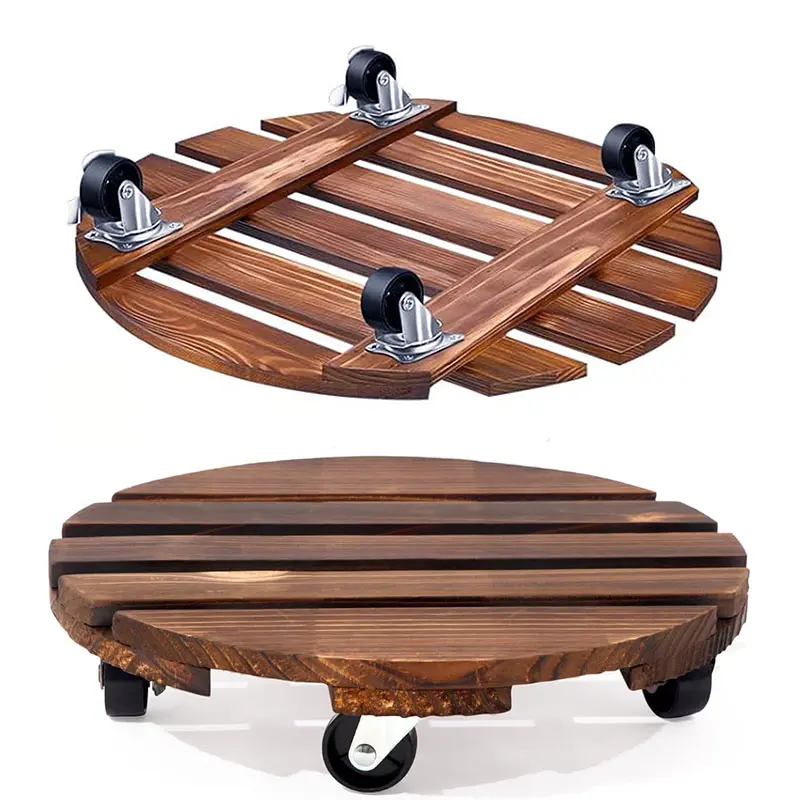 2pcs 10-Inch Round Wooden Plant Dolly with Locking Metal Casters, Heavy Duty 200 Lbs Capacity Rolling Stand, Indoor/Outdoor Patio Flower Pot Holder Rack