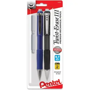 Pentel Twist-Erase III Mechanical Pencil, (0.7Mm), Assorted Barrel Colors with 2 Eraser Refills, Pack of 2 (QE517BP2)