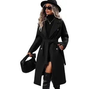 Womens Long Wool Pea Coat Notched Lapel Double Breasted Trench Coat Winter Warm Overcoat with Belt