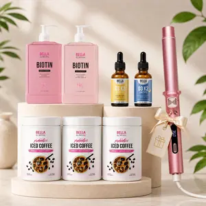 Bella All Natural Coffee Glow Beauty Bundle: 3 Iced Coffee Probiotics + Biotin Hair Care + D3 K2 Day & Night Drops + Free Curling Iron