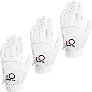 FINGER TEN Golf Gloves Men Left Hand Rain Grip Glove for Right Handed Golfer Value 3 Pack, All Weather Durable Grip Size Small Medium Large XL White Black Blue FINGER TEN
