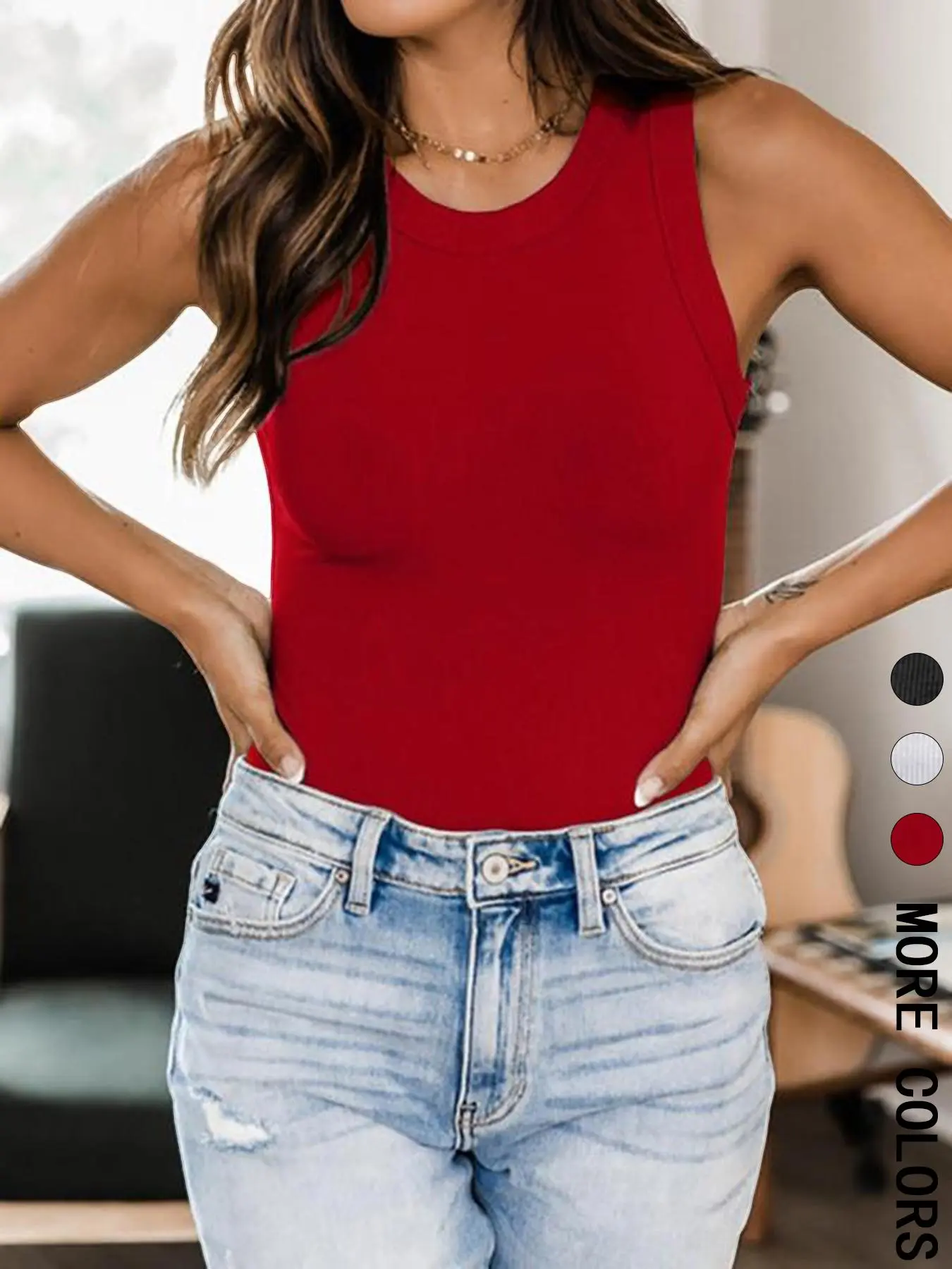 Women's Solid Round Neck Tank Top, Fitted Tank Tops, Casual Fitted Sleeveless Minimalist Top for Summer, Women's Clothing for Daily Wear, Red