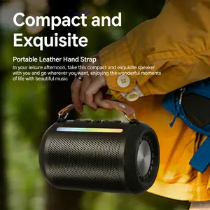 Portable Bluetooth Speaker | Bluetooth 5.4 | 180% Bass Boost | 3D Surround Sound | RGB Ambient Lights | Leather Strap | Universal Compatibility (Windows/iOS/Android) | Skin-Friendly Design | Gaming & Music Ready