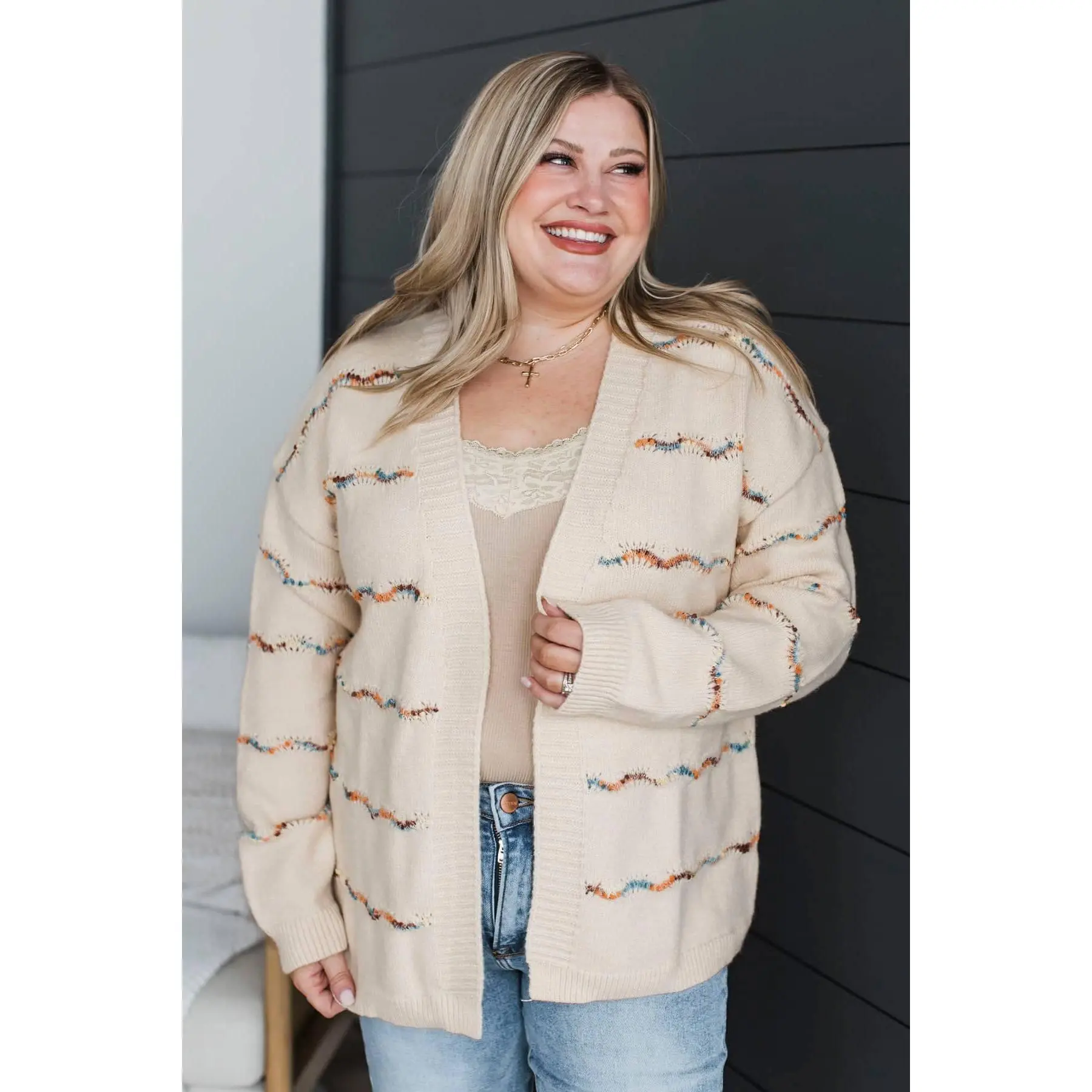 Not So Basic Open Front Stripe Cardigan- Warm Beige