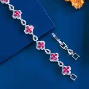 Light-Luxury Romantic Rose-Red Floral Design Cubic Zirconia Bracelet for Women, Suitable for Weddings, Parties, Dates, and Everyday Wear