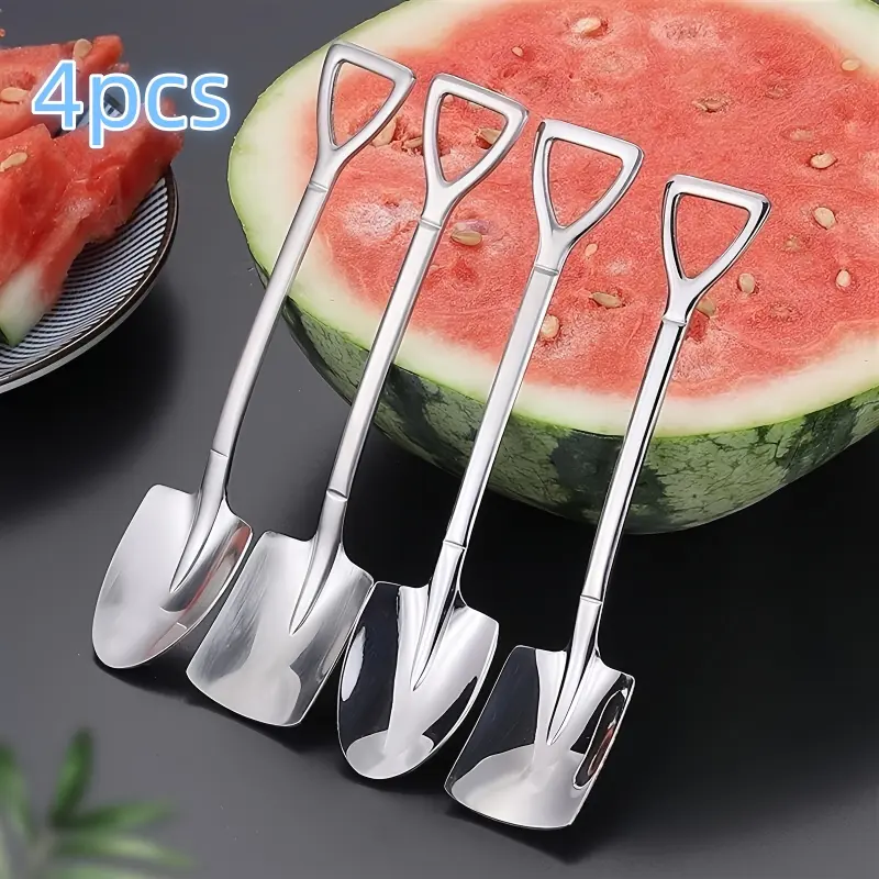 Stainless Steel 4pcs Portable Dessert Spoons - Creative Watermelon Spoon, Fruit Spoon, Soup Spoon & Tableware Utensils for Outdoor Kitchenware Cutlery