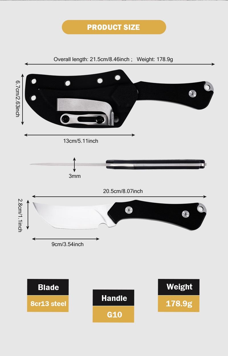 EDC multifunctional tactical outdoor fixed-blade knife with G10 handle; convenient pocket/belt clip, includes a sheath for everyday carry; outdoor cutting tool designed for climbing and fishing; essential gear for camping and hiking.