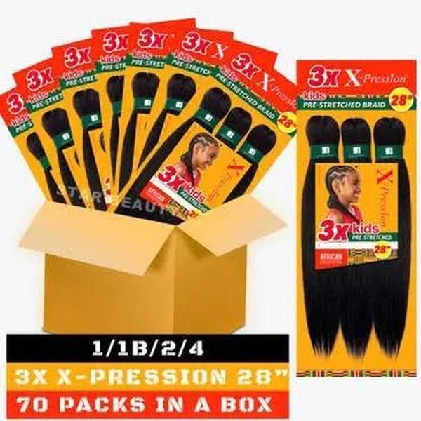 3x-Xpression Kids Pre-Stretched Braid 28" 70 Packs in a Box 1/1B/2/4 Colors Straight Hair Extensions