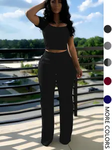 Pure Color Short Sleeve Pocket Low Neck Fashion Casual Two-Piece Set, Slim Fit Mid Waist Pants, Spring & Fall Wear, Solid Plain Design