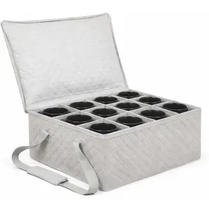 Coffee Mug Storage Bin - Stackable Mug Storage Box Holds 12 Coffee Cups & Mugs, Mug Storage Organizer with Dividers for Kitchen Cabinets & Countertops, Grey & Beige