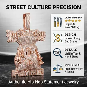 S925 Silver Rose Gold Plated Money Bag Necklace, Iced Out Dollar Sign Charm, Full CZ Paved Hip Hop Jewelry, Equipped with 4mm Twisted Rope Chain