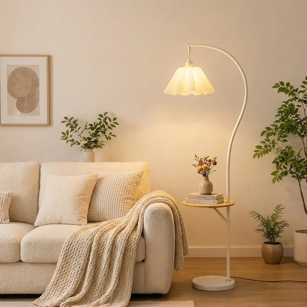 MATULSA Boho Floor Lamp with Side Table, Bedroom Standing Lamp with Foot Switch, Farmhouse Arc Lamp with Marble Base & Pole, Perfect Home Décor Lighting