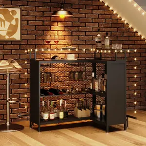 Corner Bar Cabinet with Wine Rack & Glass Holder - L-Shaped Liquor Cabinet for Kitchen, Dining & Living Room