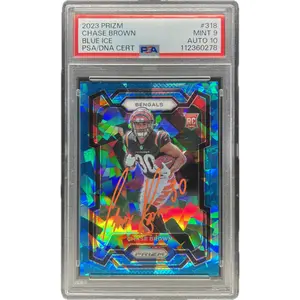 Chase Brown - 2023 Prizm Blue Cracked Ice On-Card Autograph - PSA Graded Trading Card