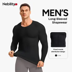 Nebility Men's Long Sleeves Compression Shirt Structural Abdominal Belly Shapewear Thermal Underwear Shirt