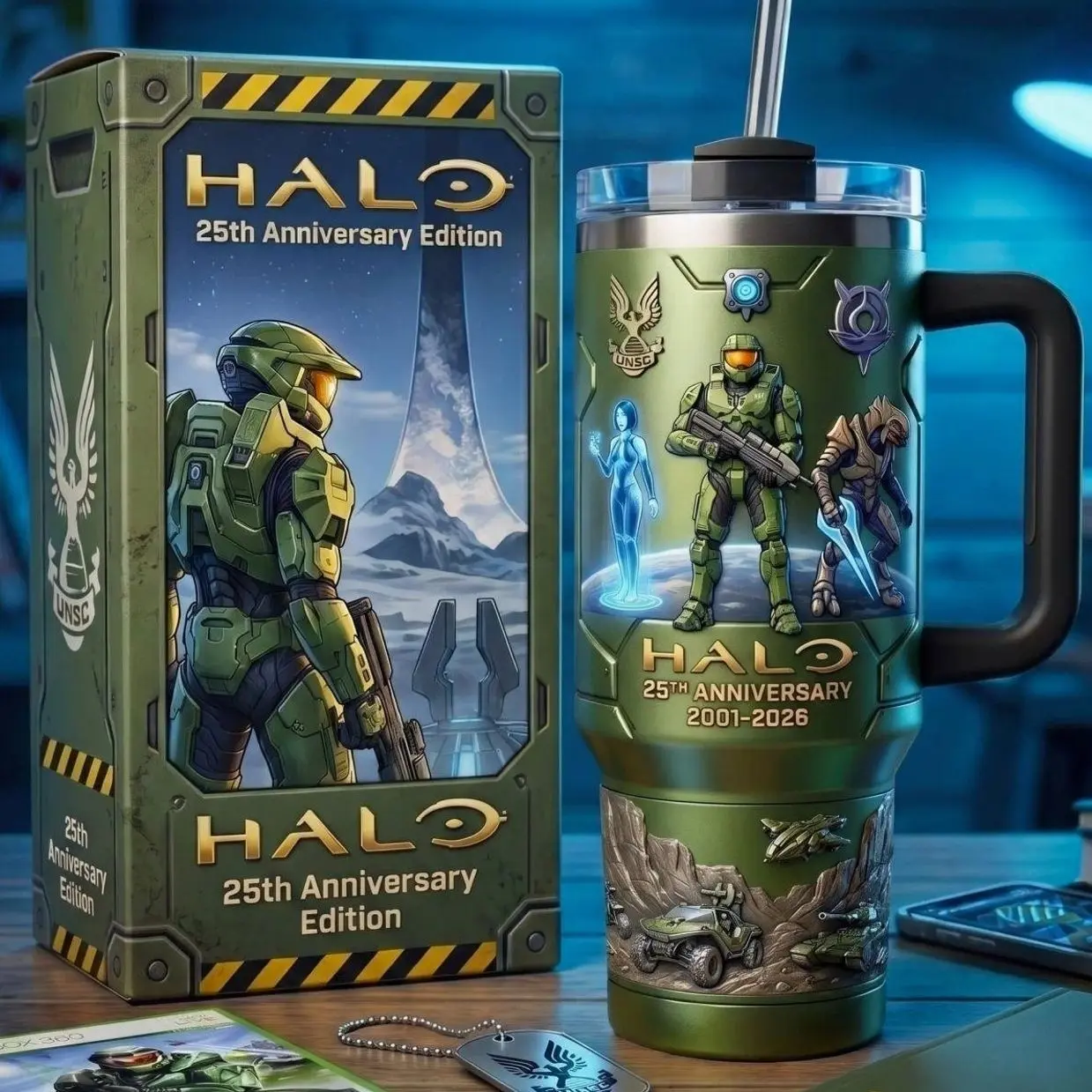 Halo 25th Anniversary Tumbler with Handle, Master Chief 40oz Insulated Travel Mug, UNSC Cortana Arbiter Game Timeline Design, Sci-Fi Gaming Merchandise, Stainless Steel Coffee Cup, Retro Video Game Collectible Birthday Gift for Men Gamers