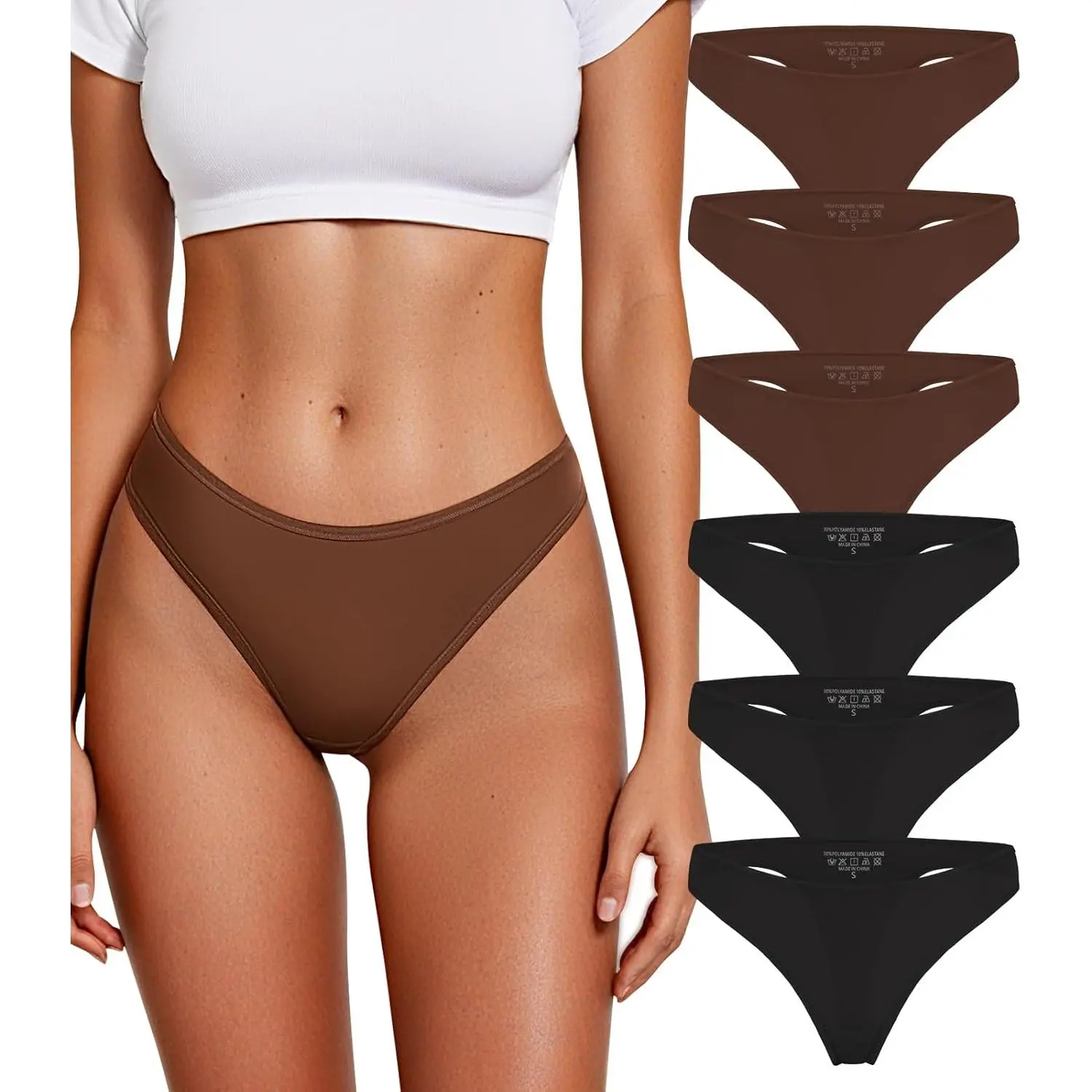 Women's Wear Thongs for Women Breathable Seamless Stretch Underwear Soft Low Waist Ladies T-back Panties 6 Pack, 2Black+2Brown=2White