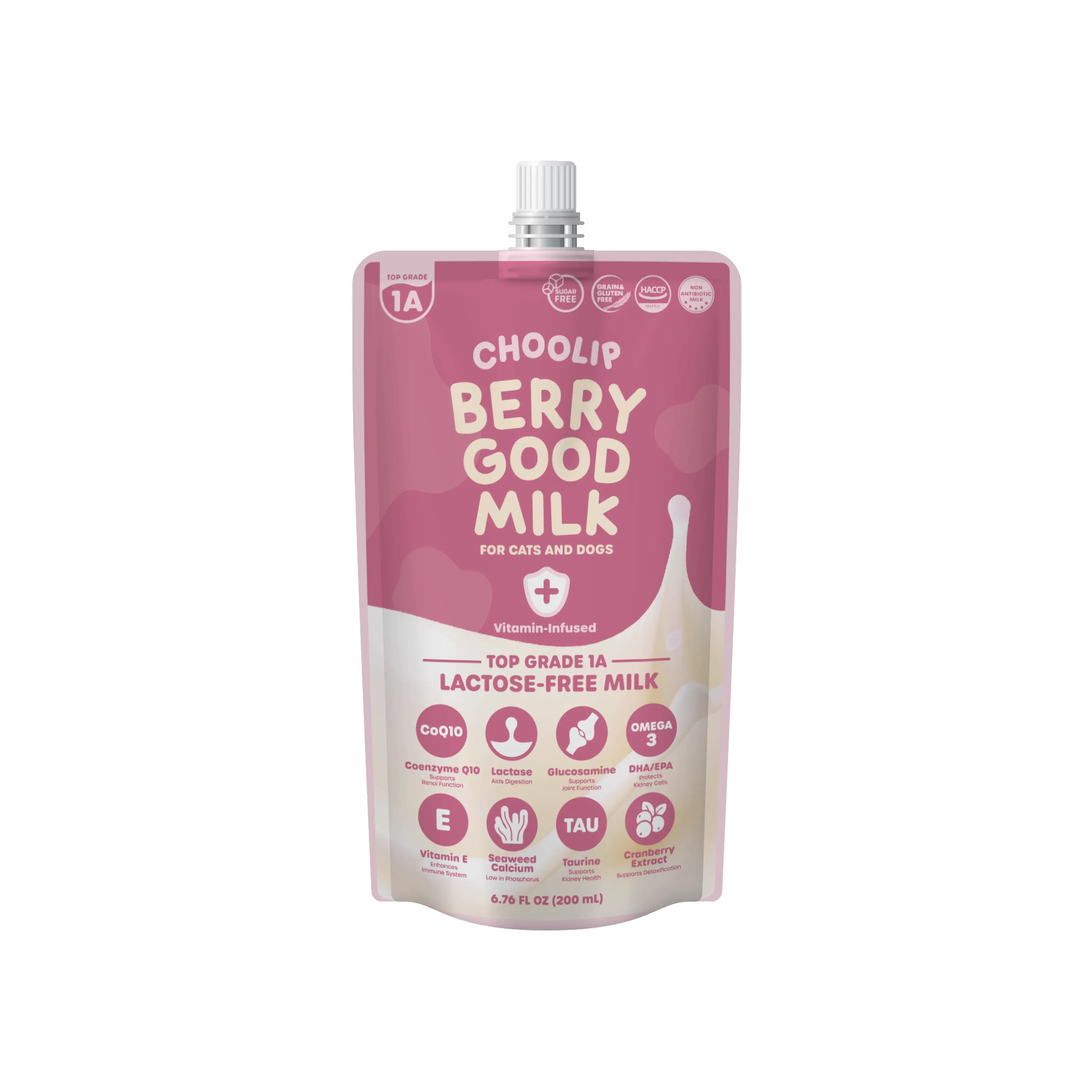 Choolip Berry Good Lactose-Free Pet Milk Drink with Berry-Milk Twist (1 Pack, 200ml) - Creamy Texture, Taurine & Coenzyme Q10, Hydration & Daily Nutrition for Cats & Dogs, Appetite Booster