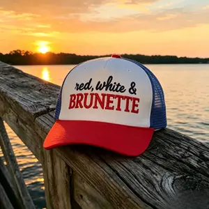 Women's Red White & Brunette Patriotic Embroidered Trucker Hat, Retro Americana Mesh Baseball Cap for Country Concerts, Cute Summer Party Hat