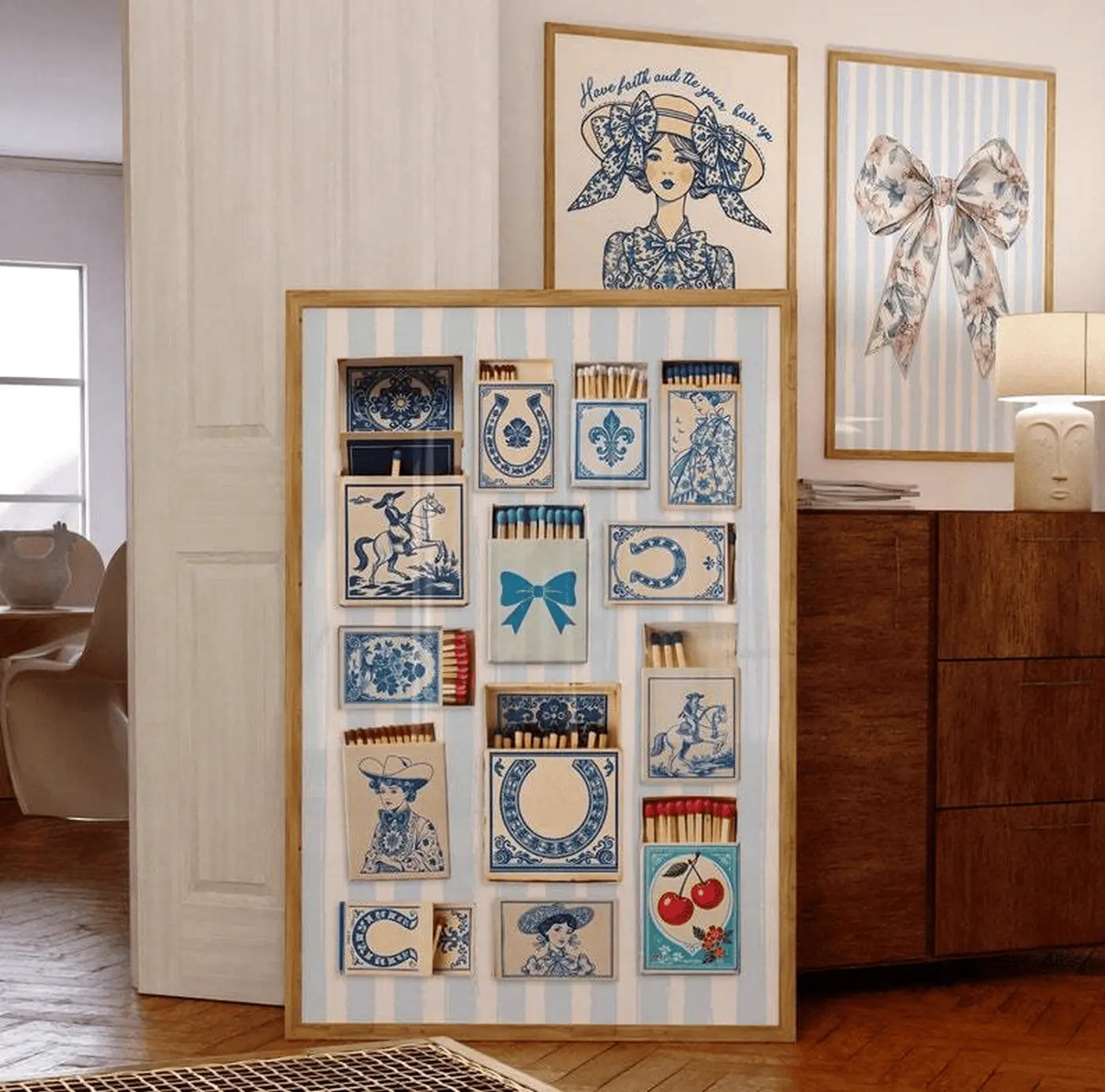 Chinoiserie Matchbook Collage UNFRAMED Poster, Romantic Blue and White Toile Coastal Cowgirl Dopamine Decor Valentine's Day Large Framed Wall Art