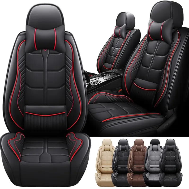 Universal Full Coverage Leather Car Seat Covers with Headrest Pillows - Front & Rear Full Set, Automotive Interior Protector for Nissan, Honda, Toyota, Hyundai SUVs & Small Pick-up Trucks