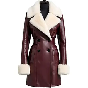 Women's Burgundy Leather Coat – Double-Breasted Long Jacket with White Fur Collar & Cuffs