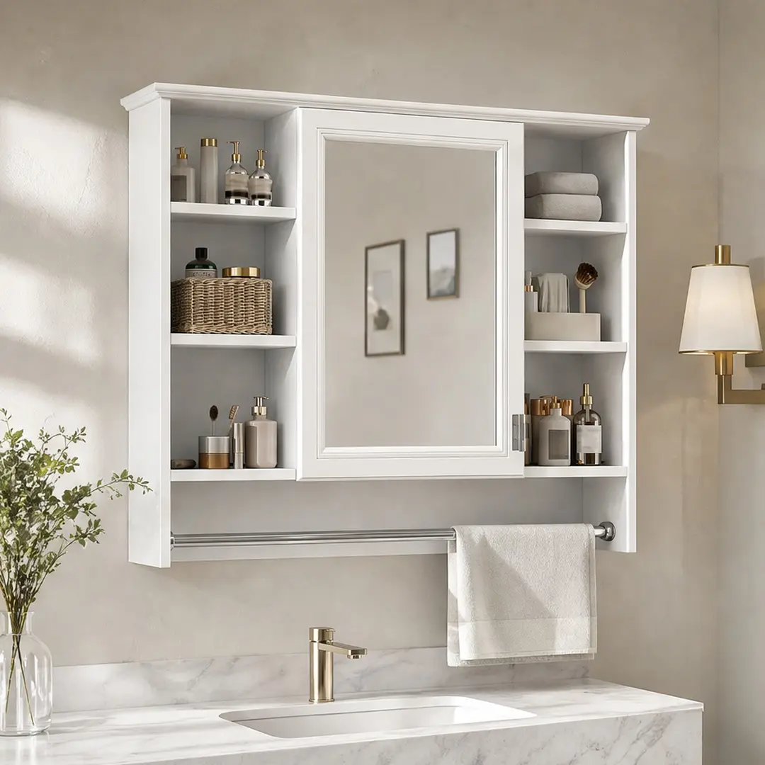 White 36-Inch Wall-Mounted Multi-Purpose Wood Medicine Cabinet with Mirror - 3-in-1 Storage, Adjustable Shelf, Soft-Close Door, HD Mirror, Towel Bar, Solid Wood & MDF Build, Modern Bathroom Vanity Organizer, Multi-Purpose Medicine Cabinets, Wood Medicine