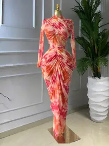 PULKRITU Elegant Women's Tie Dye Printed Two Piece Set Outfits, Wrap Crop Top Long Sleeve + Ruched Maxi Skirt , Casual Beach Resort Birthday,  Vacation Street Lady Two-Piece Set,Female Fashion 2 Piece Co-ord Set