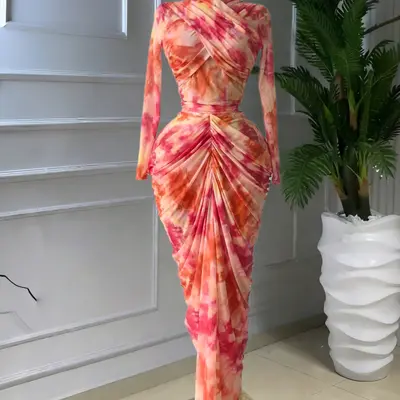 fye birthday dresses Prime PULKRITU Elegant Women's Tropical Floral Print Excellent Cutout Ruched Midi Formal Prom Cheap Long Sleeve Prom Dresses 4 Years (110cm) 60 A Line Straps Midi Kid Size:6T (130)
