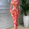 PULKRITU Elegant Women's Tie Dye Printed Two Piece Set Outfits, Wrap Long Sleeve Crop Top + Ruched Maxi Skirt , Casual Beach Resort Birthday,  Vacation Street Lady Two-Piece Set,Female Fashion 2 Piece Co-ord Set, Casual Chic Set
